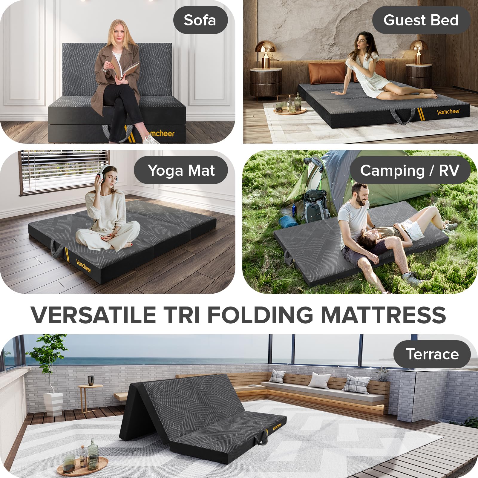 Tri Folding Mattress Queen Size - 6 Inch Foldable Mattress for Travel/RV/Camping/Road Trip/Guest Room/Yoga, Tri-fold Memory Foam Mattress with Washable Cover, Handle & Non-Slip Bottom, 78"x58"x6"