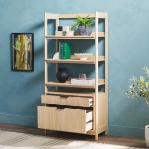 Walker Edison Modern Home Office 4-Shelf Bookshelf, 33 Inch, Two-Drawer Coastal Oak