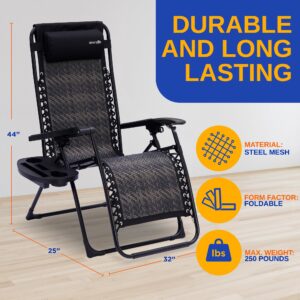 SereneLife SL1ZRC88.5 Outdoor Foldable Rattan Zero Gravity Lawn Chair-Adjustable Recliners with Plastic Cup Holder Side Table and Pillow, Off Black