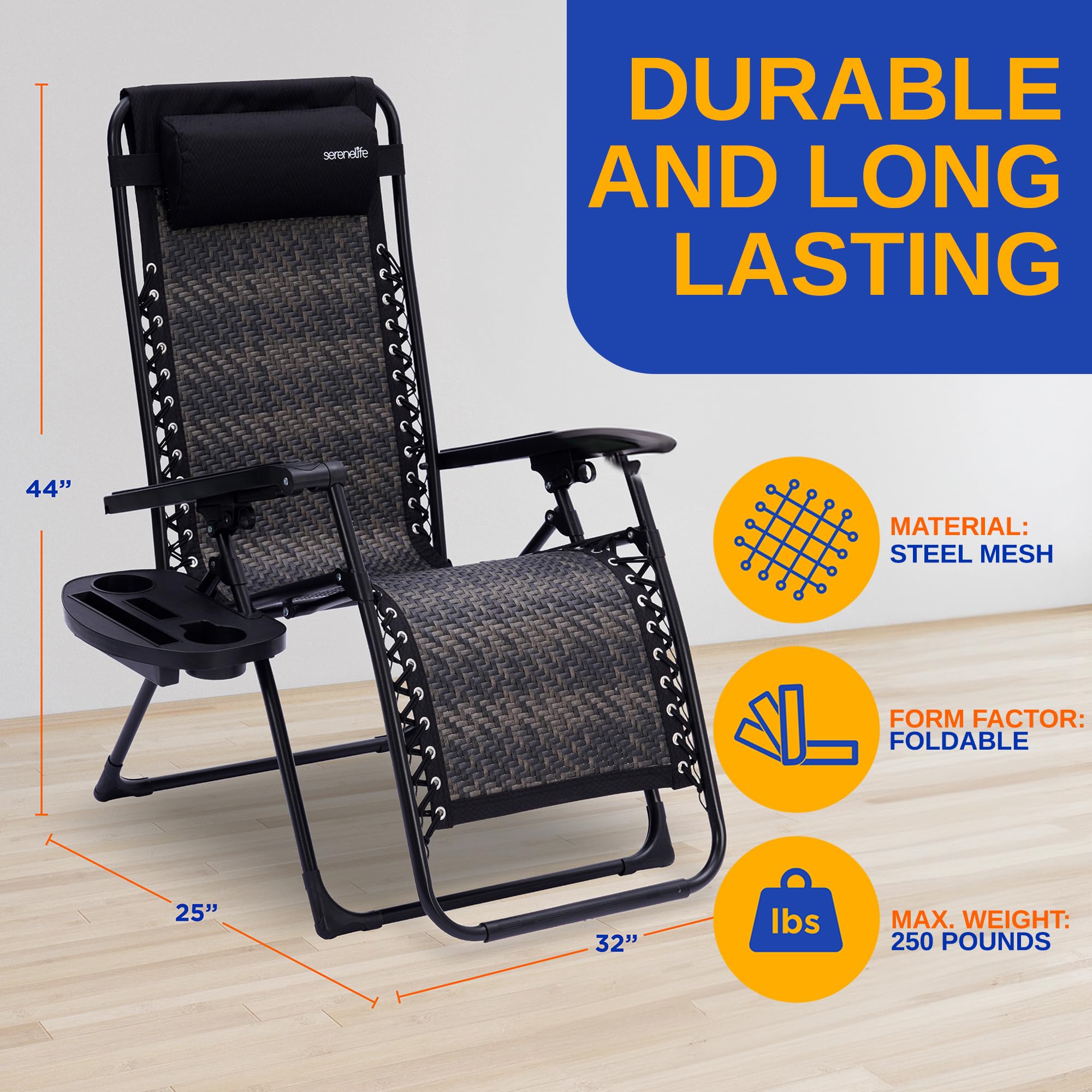 SereneLife SL1ZRC88.5 Outdoor Foldable Rattan Zero Gravity Lawn Chair-Adjustable Recliners with Plastic Cup Holder Side Table and Pillow, Off Black