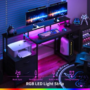 Yoobure Computer Desk, Gaming Desk with LED Lights & Outlets, 59" Office Desk with Drawers Long Home Office Desks with Fabric File Cabinets, Work Desk with Storage Shelves & Monitor Stand for Bedroom