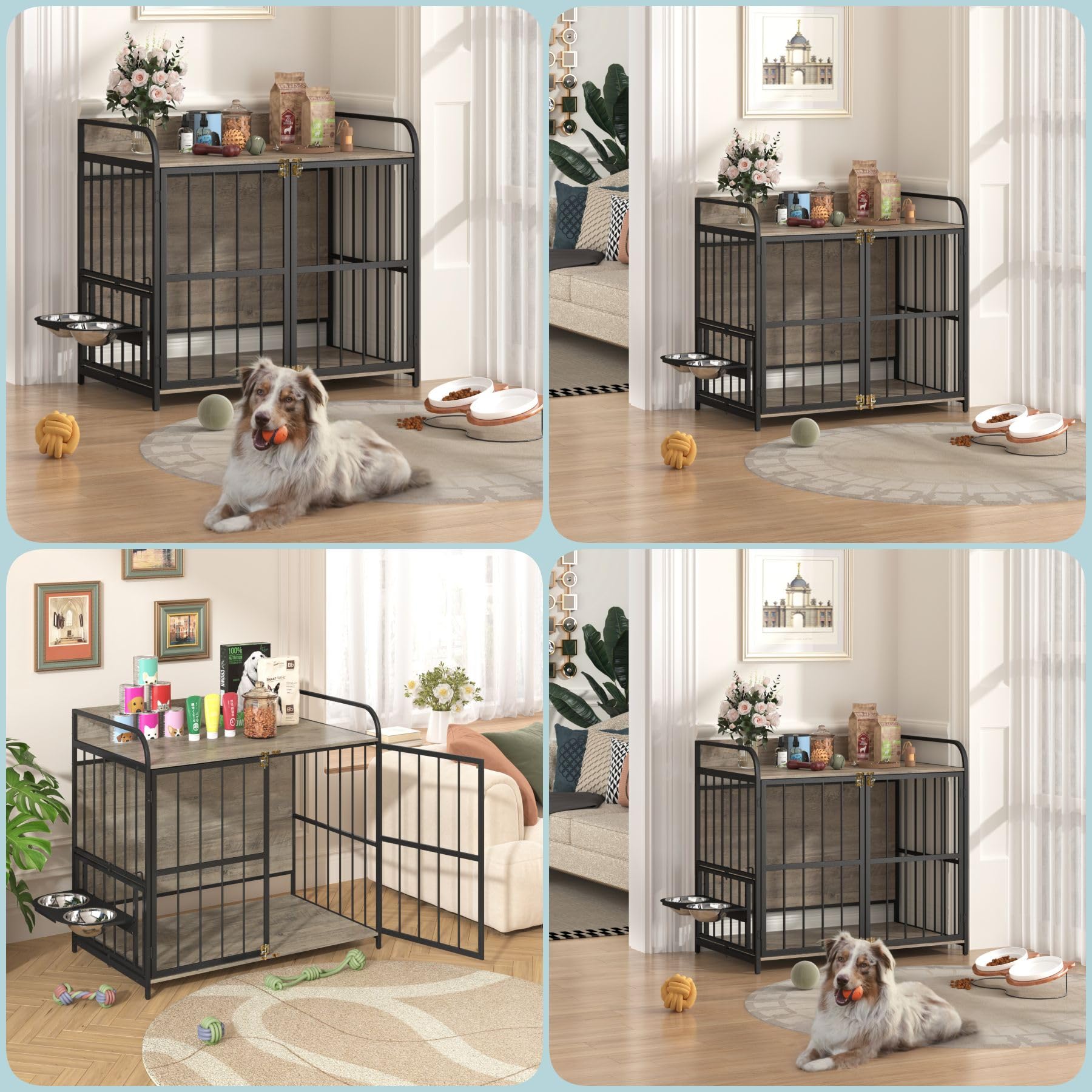 Merax 39” Heavy Duty Large Dog Crate Indoor Furniture, Wooden Metal Kennel Pet Cage with Double Doors & Adjustable Feeder Stand & Side End Table Storage, Grey