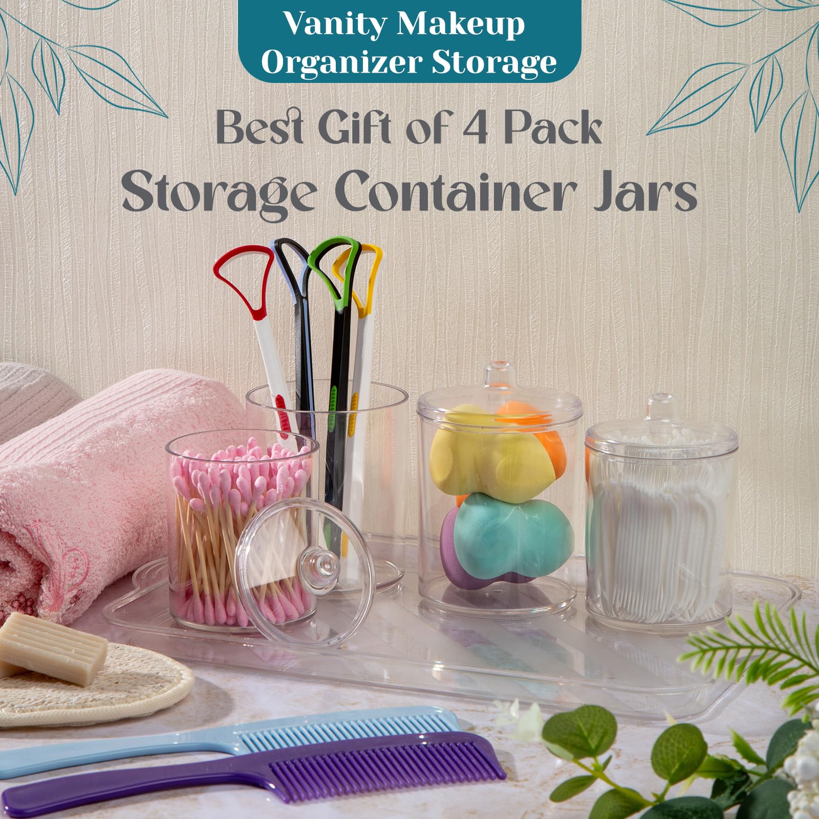 milano home Qtip Holder Pack of 4, Vanity Makeup Organizer Storage, Clear Plastic Apothecary Jars with Lids, Organizer Storage for Cotton Swabs, Cotton Balls, Makeup Sponges, Cotton Canister 12/10 OZ