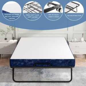 Uoobmope Folding Bed for Adults/Guests,75 x 38 Rollaway Bed with 4" Memory Foam Mattress,Space Saving Portable Bed with Lockable Wheels & Sturdy Metal Frame,Office Folding Bed,Easy Moving-4" Standard