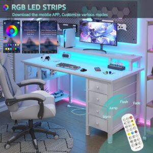 Lufeiya White Gaming Desk with Fabric Drawers and Storage Shelves, 47 inch Home Office Desk with Monitor Stand, Computer Desk with LED Lights and Power Outlets, White