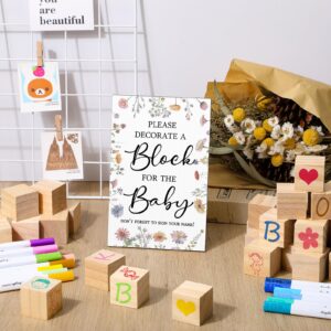 Qilery 75 Pcs Baby Shower Games Sign Kit Including Wildflower Game Sign Wooden Table Sign 50 DIY Blank Wooden Block 24 Acrylic Paint Marker Baby Shower Prize for Winners Gender Reveal