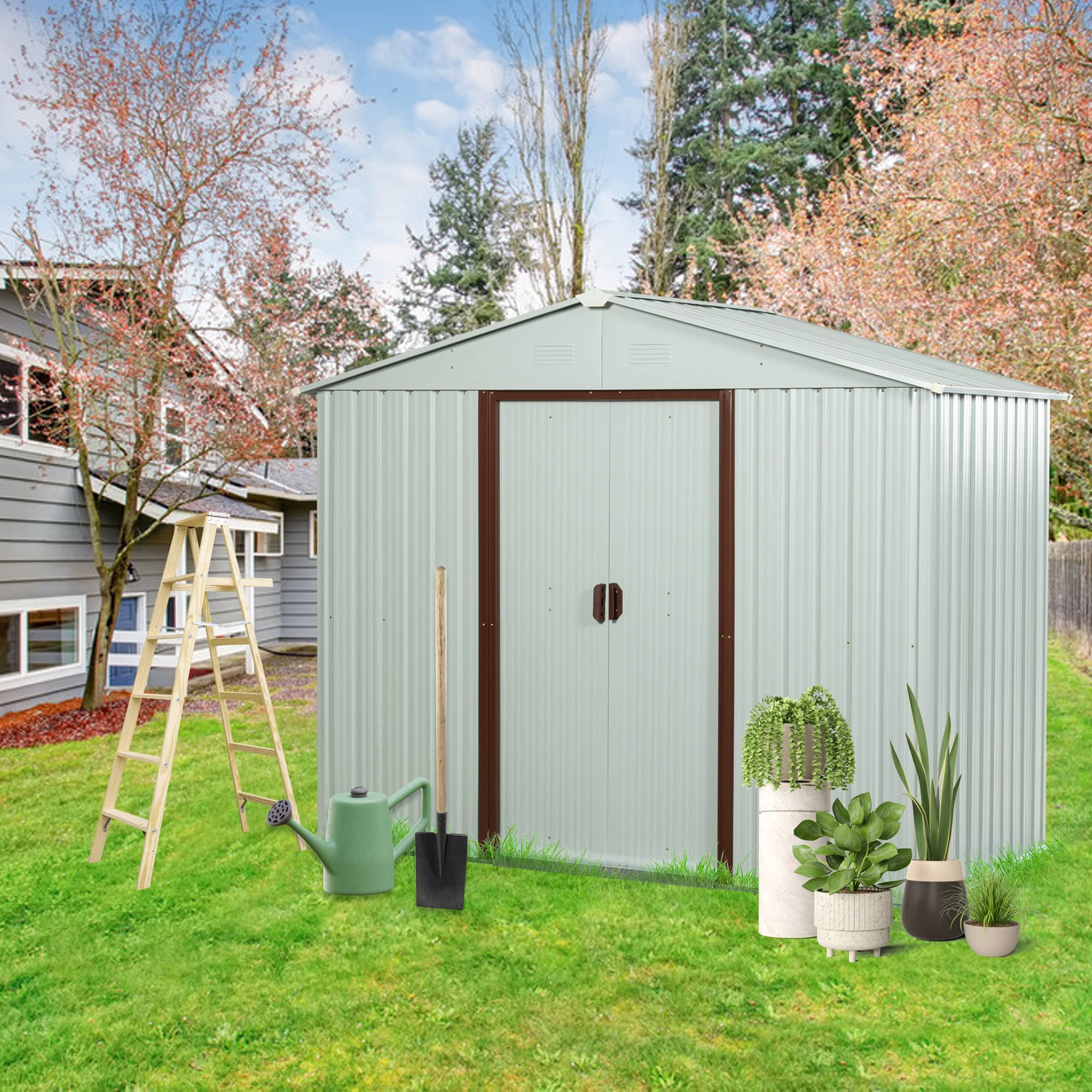 8 x 4 FT Outdoor Storage Shed, Metal Garden Shed with Floor Frame, Tool Shed Outdoor Storage with Lockable Sliding Doors & Air Vents, Storage House Waterproof for Backyard, Lawn, White