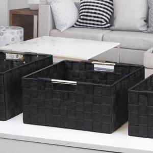 Sorbus Storage Box Woven Basket Bin Container Tote Cube Organizer Set Stackable Storage Basket Woven Strap Shelf Organizer Built-In Carry Handles (Black)