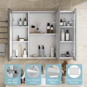 LALAHOO Lighted Medicine Cabinet with Mirror 31.50 X 24 Large 3 Doors Medicine Cabinets for Bathroom with Lights, Surface Mount Medicine Cabinet with Shelves, Storage Organizer, Defog,Dimmer