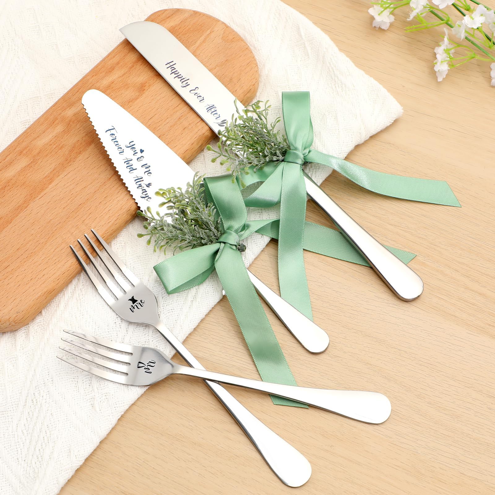 Sage Green Wedding Cake Knife & Server Set with Stainless Steel Blades Mr. and Mrs. Forks with Artificial Plant Ribbon Bowknot Perfect Addition to Your Wedding Celebrations Anniversaries Showers