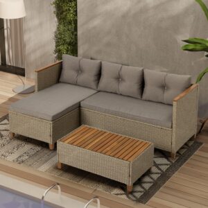 wiberwi patio furniture set 3 piece outdoor sectional sofa couch all weather rattan wicker conversation set with acacia wood coffee table for backyard porch garden balcony, waterproof, grey