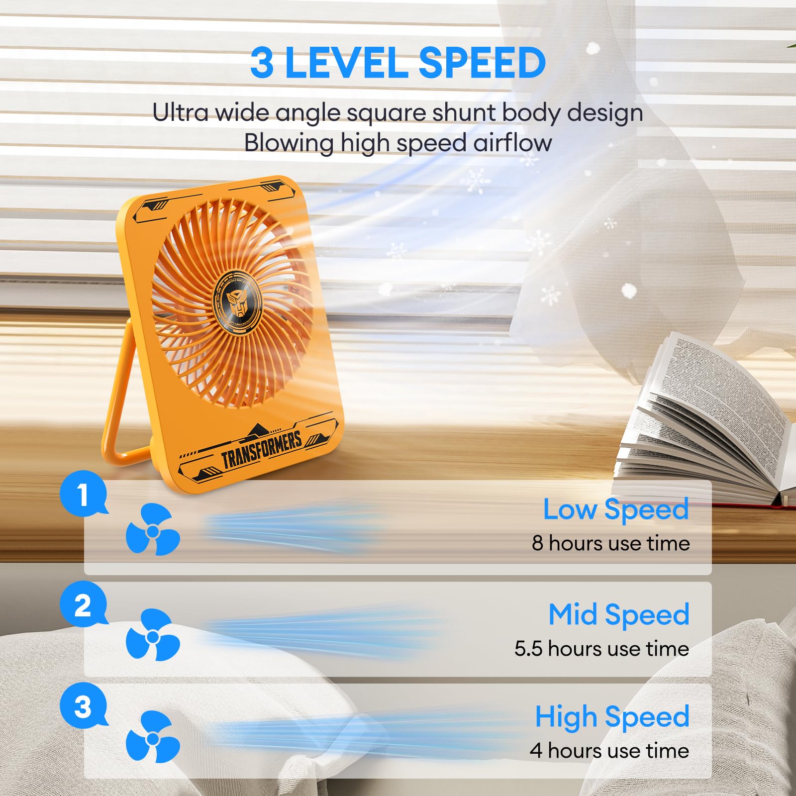 XINGLINSHOE battery powered fan 2000mAH 180° Adjustable small desk fan battery powered 3 Speeds Strong slim usb fan for Office,Bedroom,Home,Desktop,Camping(Yellow)