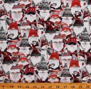 timeless treasures cotton christmas snowmen gnomes scarfts hats glasses holiday winter seasonal multicolor cotton fabric print by the yard (gail-cd2885-multi), 44 inches