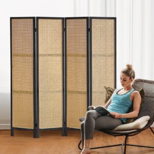 aleesing 4 panels wood room divider and folding privacy screens, hand-woven rattan room dividers panel, room divider wall freestanding, room partitions screen for home office bedroom, black