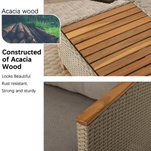 WiberWi Patio Furniture Set 3 Piece Outdoor Sectional Sofa Couch All Weather Rattan Wicker Conversation Set with Acacia Wood Coffee Table for Backyard Porch Garden Balcony, Waterproof, Grey