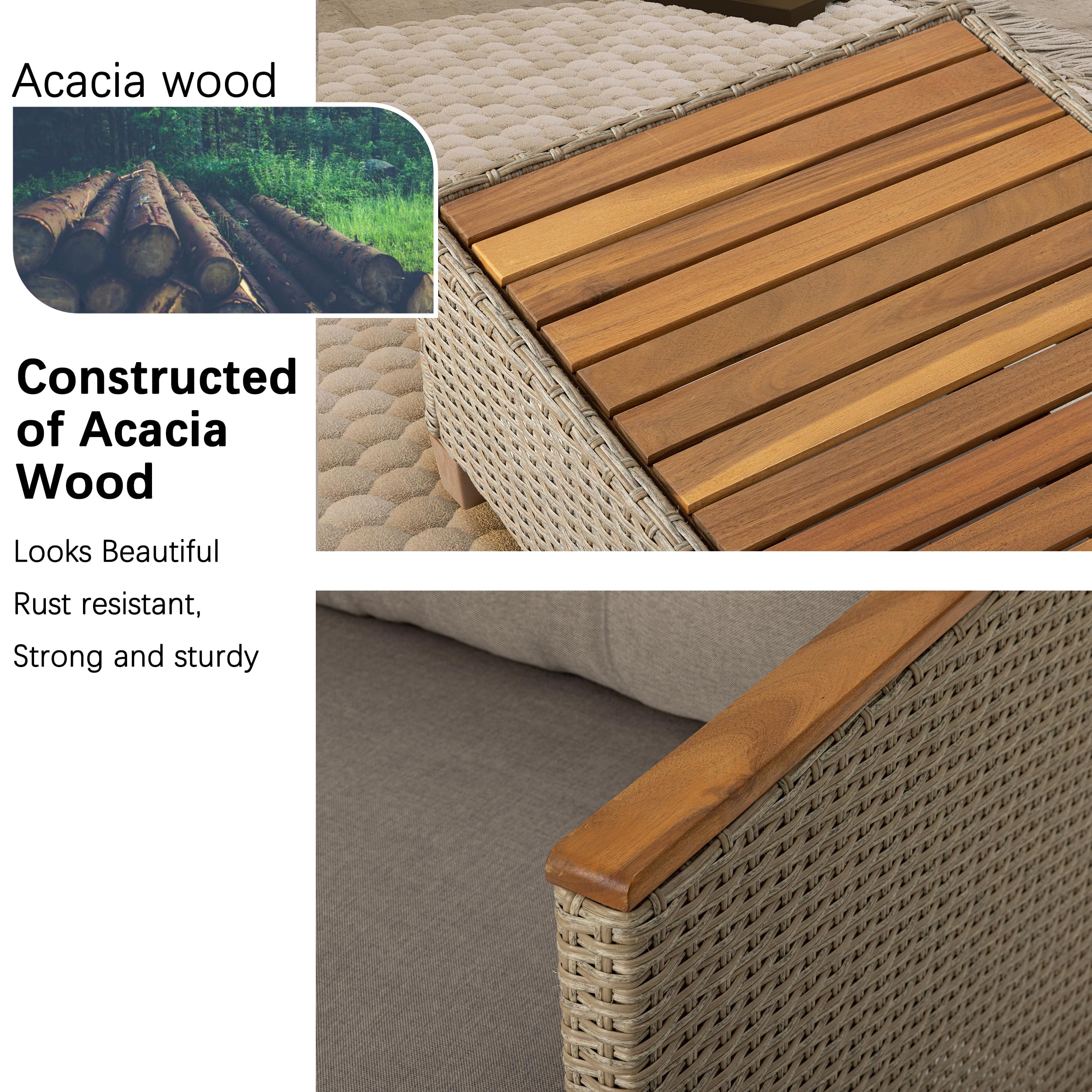 WiberWi Patio Furniture Set 3 Piece Outdoor Sectional Sofa Couch All Weather Rattan Wicker Conversation Set with Acacia Wood Coffee Table for Backyard Porch Garden Balcony, Waterproof, Grey