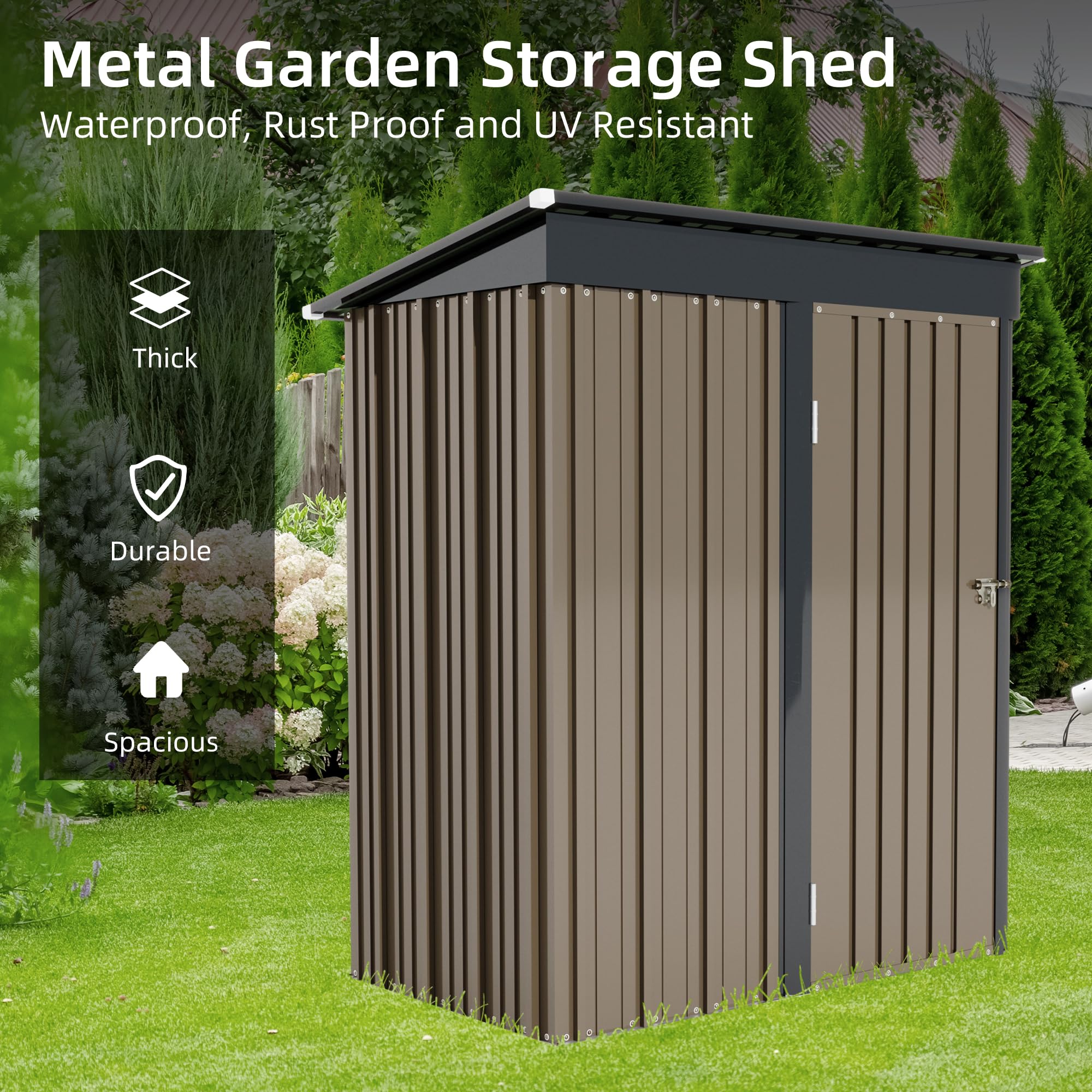 5X3 FT Outdoor Storage Shed, Waterproof Metal Garden Sheds with Lockable Door, Steel Tool Storage Buildings Shed & Outdoor Storage House for Garden, Backyard, Patio, Lawn, Trash Cans(Brown)