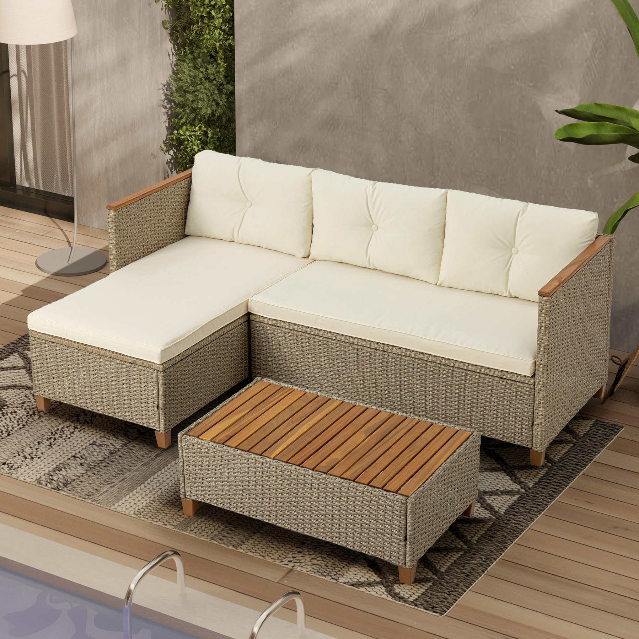 WiberWi Patio Furniture Set 3 Piece Outdoor Sectional Sofa Couch All Weather Rattan Wicker Conversation Set with Acacia Wood Coffee Table for Backyard Porch Garden Balcony, Waterproof, Beige