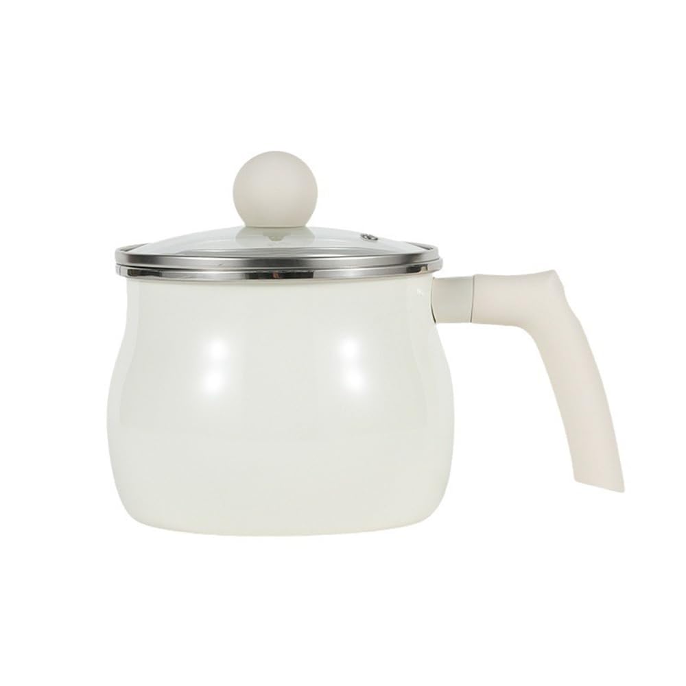 Enamel Milk Pot with Lid 2L, UNOSCHRIM Enamel Cast Iron Saucepan with Handle, Multi-purpose Mini Stock Pot for Milk, Chocolate, Cheese, Pasta Sauce, Gas Stoves & Induction Cookers Available, White