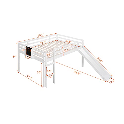 LostCat Full Loft Bed with Slide, Low Loft Bed, Full Wood Loft Bed Full Size Loft Bed with Slide & Ladder, Safety Guardrail for Kids/Girls/Boys, No Box Spring Needed, White