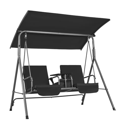 VEVOR 2-Seat Patio Swing Chair, Outdoor Patio Swing with Adjustable Canopy, Porch Swing with Storage Bag and Rotating Tray, Oxford Fabric and Alloy Steel Frame, for Balcony, Backyard, Poolside, Black