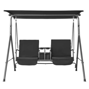 VEVOR 2-Seat Patio Swing Chair, Outdoor Patio Swing with Adjustable Canopy, Porch Swing with Storage Bag and Rotating Tray, Oxford Fabric and Alloy Steel Frame, for Balcony, Backyard, Poolside, Black