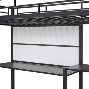 CABSETT Metal Loft Bed with Desk and Whiteboard, Twin Size Loft Bed with 3 Shelves and Ladder, Heavy-Duty Loft Bedframe for Kids Boys Girls Teens, Easy Assembly, Black