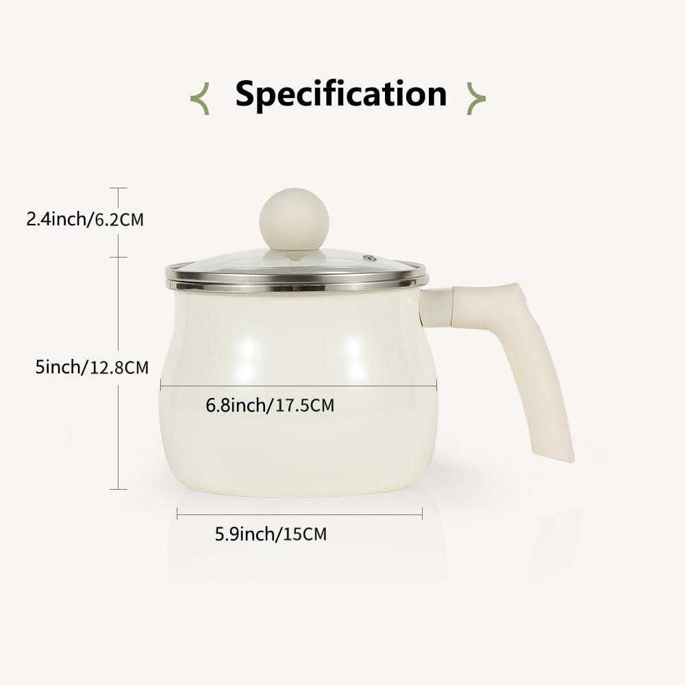 Enamel Milk Pot with Lid 2L, UNOSCHRIM Enamel Cast Iron Saucepan with Handle, Multi-purpose Mini Stock Pot for Milk, Chocolate, Cheese, Pasta Sauce, Gas Stoves & Induction Cookers Available, White