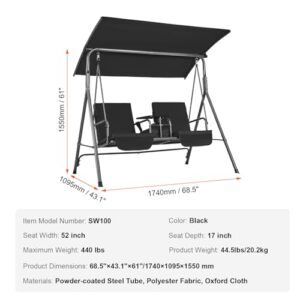 VEVOR 2-Seat Patio Swing Chair, Outdoor Patio Swing with Adjustable Canopy, Porch Swing with Storage Bag and Rotating Tray, Oxford Fabric and Alloy Steel Frame, for Balcony, Backyard, Poolside, Black