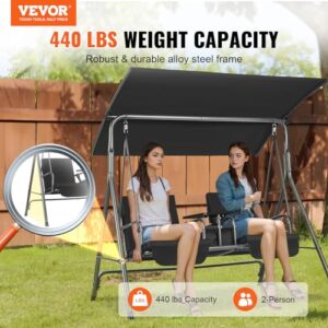 VEVOR 2-Seat Patio Swing Chair, Outdoor Patio Swing with Adjustable Canopy, Porch Swing with Storage Bag and Rotating Tray, Oxford Fabric and Alloy Steel Frame, for Balcony, Backyard, Poolside, Black