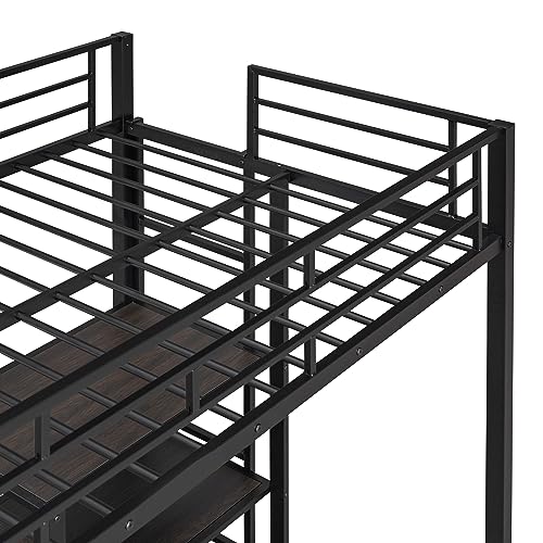 CABSETT Metal Loft Bed with Desk and Whiteboard, Twin Size Loft Bed with 3 Shelves and Ladder, Heavy-Duty Loft Bedframe for Kids Boys Girls Teens, Easy Assembly, Black