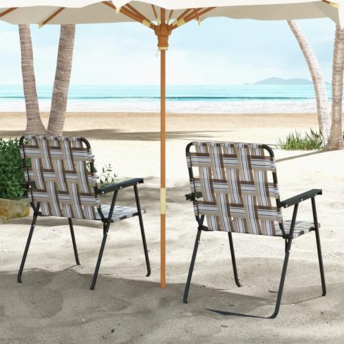 BANGTANE 6 Pack Folding Adults Portable w/Armrests, Webbed Lawn Chairs Set for Home, Beach, Park, Long Trips, Brown