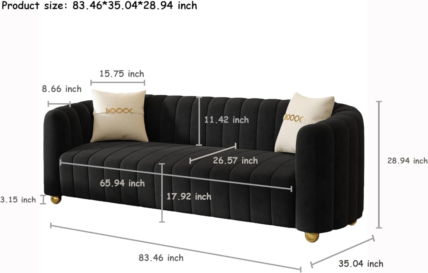 Kadway Mid-Century Modern Sofa for Living Room, 84" Luxury Velvet Loveseat Sofa Couch, Sectional Love Seat Sofa Couch with Gold Legs, Upholstered Sofa for Apartment Bedroom Home Office Black