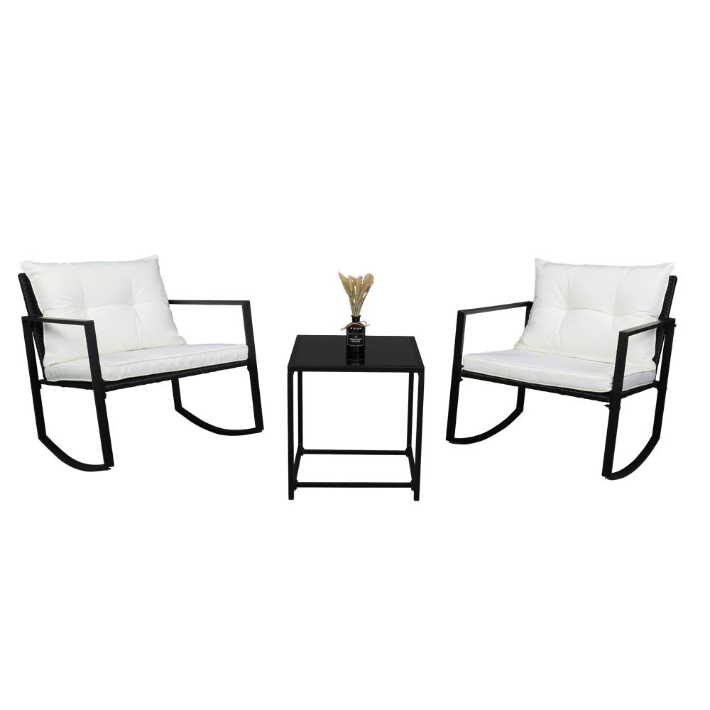 CIPACHO 3 Piece Wicker Patio Furniture Set, Patio Bistro Set with Glass Table & Cushions, Outdoor Rocking Chairs, Rattan Conversation Set for Backyard Porch Poolside Lawn, Black