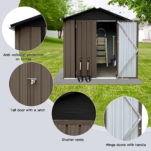 LCOZPG 6FT x 4FT Metal Outdoor Storage Shed, Steel Utility Tool Shed Storage House Tool Garden Shed with Lockable Doors for Backyard Garden Patio Lawn,Brown