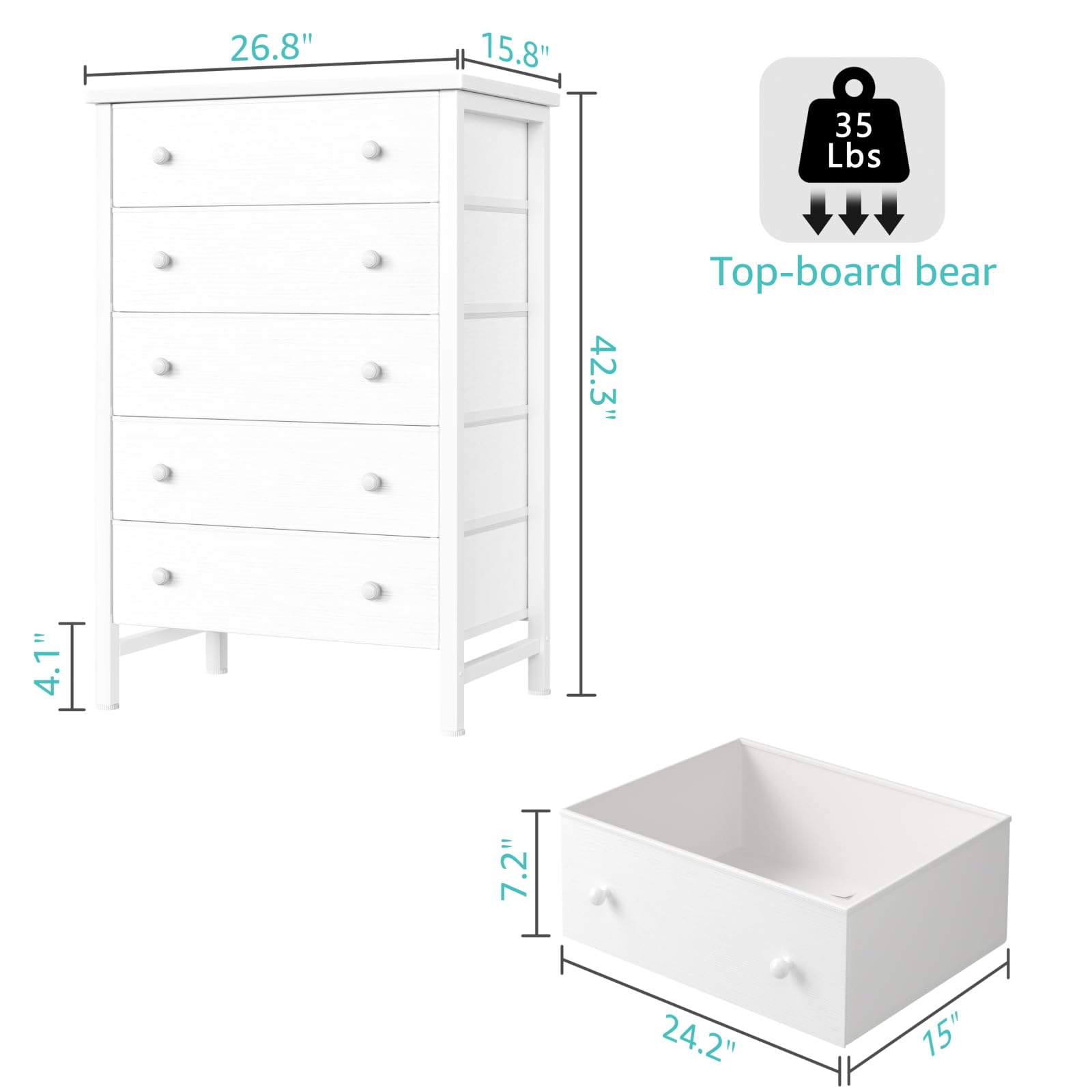 BOLUO White Chest of Drawers for Bedroom Dresser with 5 Drawer Fabric Dressers Storage for Girls,Kids Closet Modern