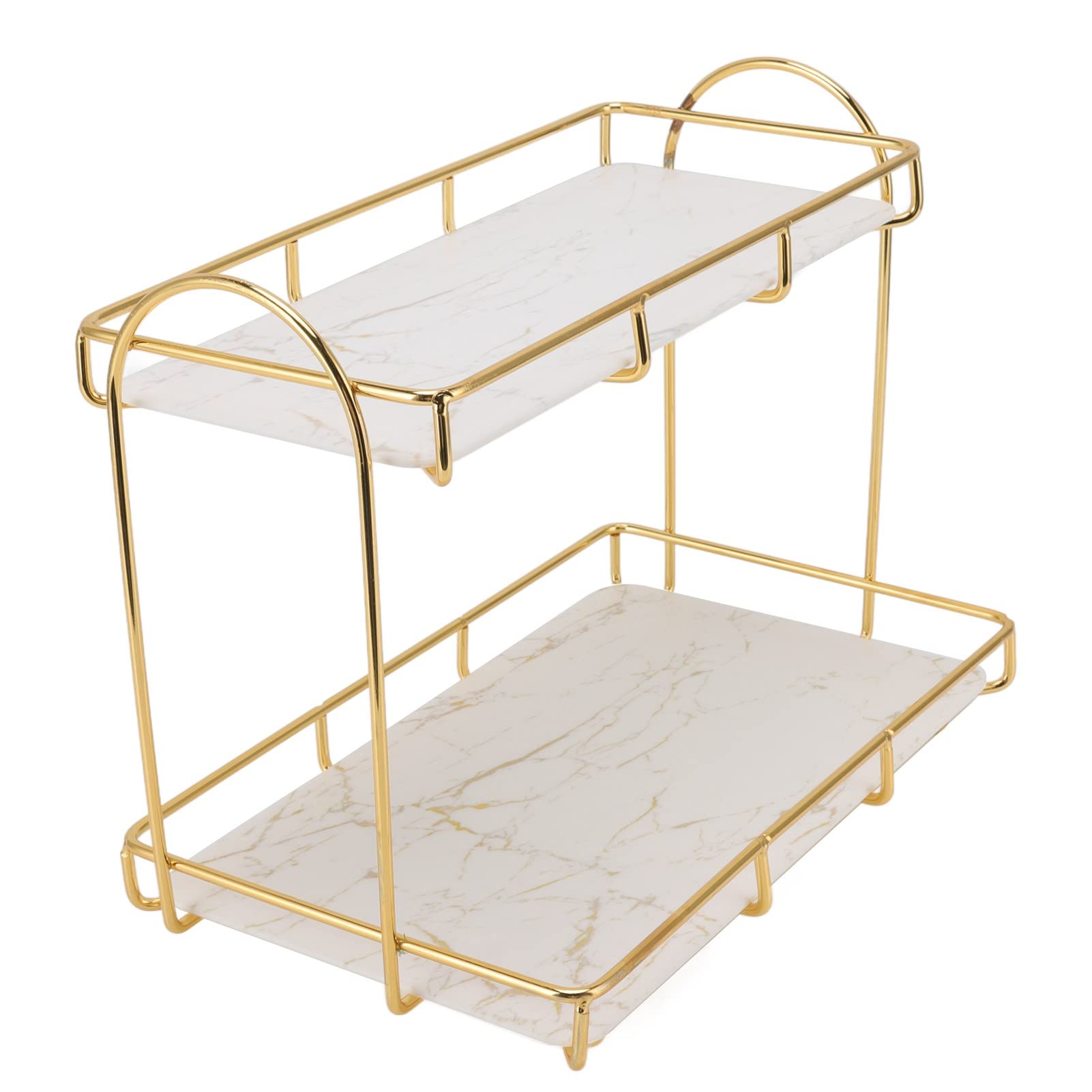 VINGVO 2 Tier Cosmetic Storage Shelf, Iron Metal Makeup Organizer Countertop Rack Gold Perfume Display Organizer Waterproof Dresser Storage Shelf Rack Marble Tray for Bathroom Bedroom