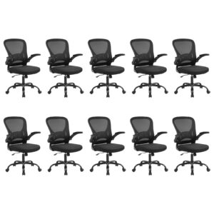 youhauchair mesh office chair set of 10, ergonomic computer chair with flip-up arms and lumbar support, height adjustable home office desk chairs, black