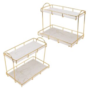 VINGVO 2 Tier Cosmetic Storage Shelf, Iron Metal Makeup Organizer Countertop Rack Gold Perfume Display Organizer Waterproof Dresser Storage Shelf Rack Marble Tray for Bathroom Bedroom