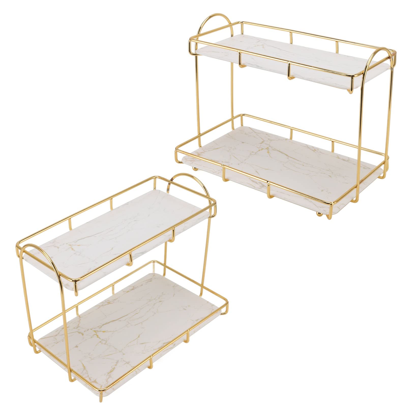 VINGVO 2 Tier Cosmetic Storage Shelf, Iron Metal Makeup Organizer Countertop Rack Gold Perfume Display Organizer Waterproof Dresser Storage Shelf Rack Marble Tray for Bathroom Bedroom