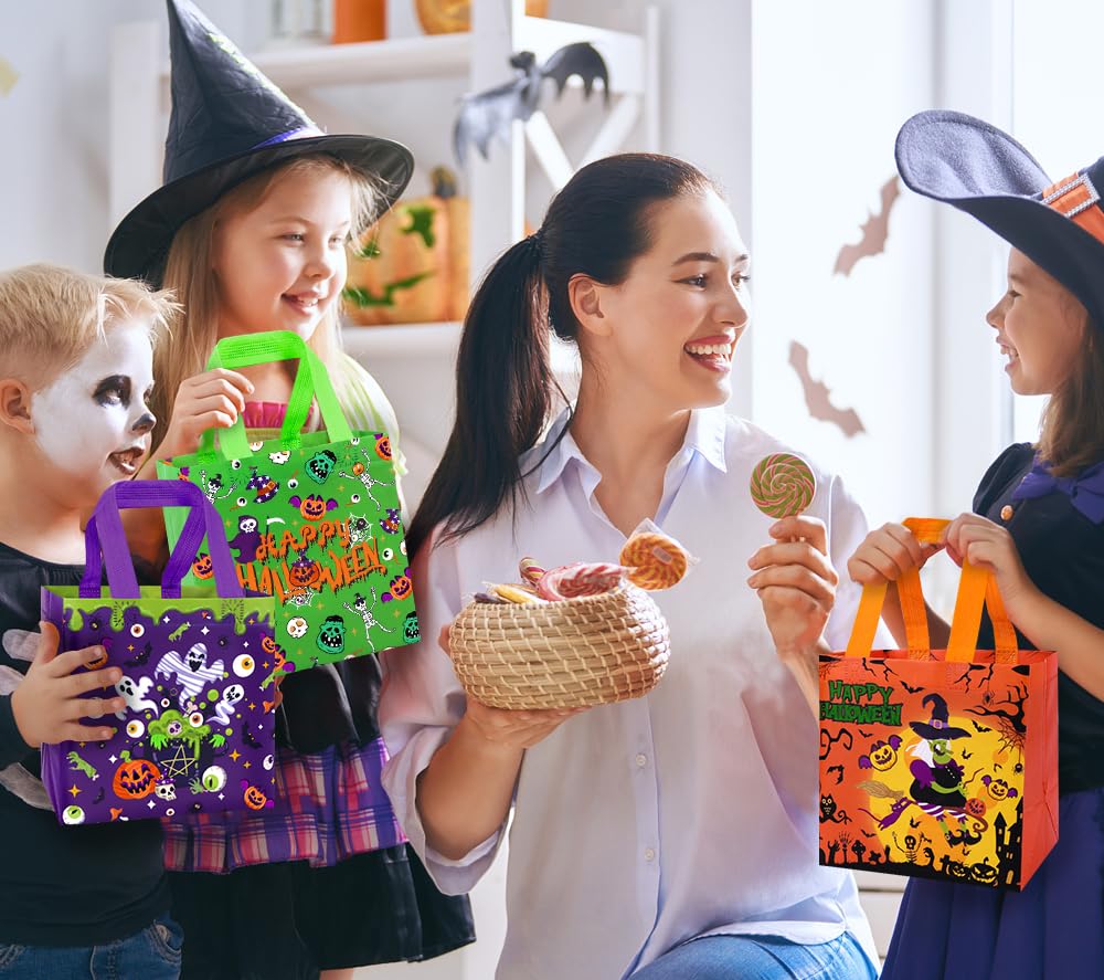 DULEFUN 8pcs Halloween Trick or Treat Bags, Halloween Tote Gift Bags with Handles Reusable Non-Woven Goodie Candy Bags for Gifts Wrapping Halloween Party Favor Supplies