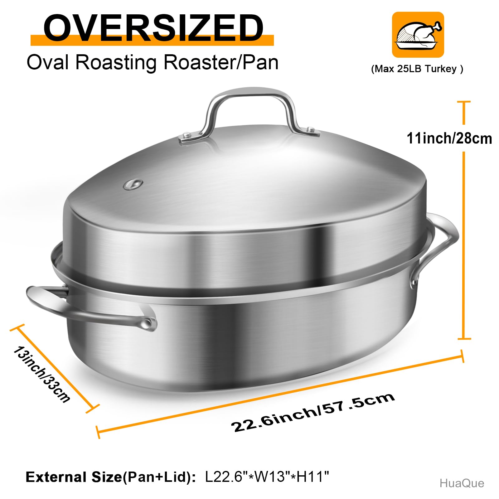 HuaQue Roasting Pan with Rack and Lid, Stainless Steel Large Oval Roaster, Nonstick Oven Cookware for Turkey Chicken, 21 Inch