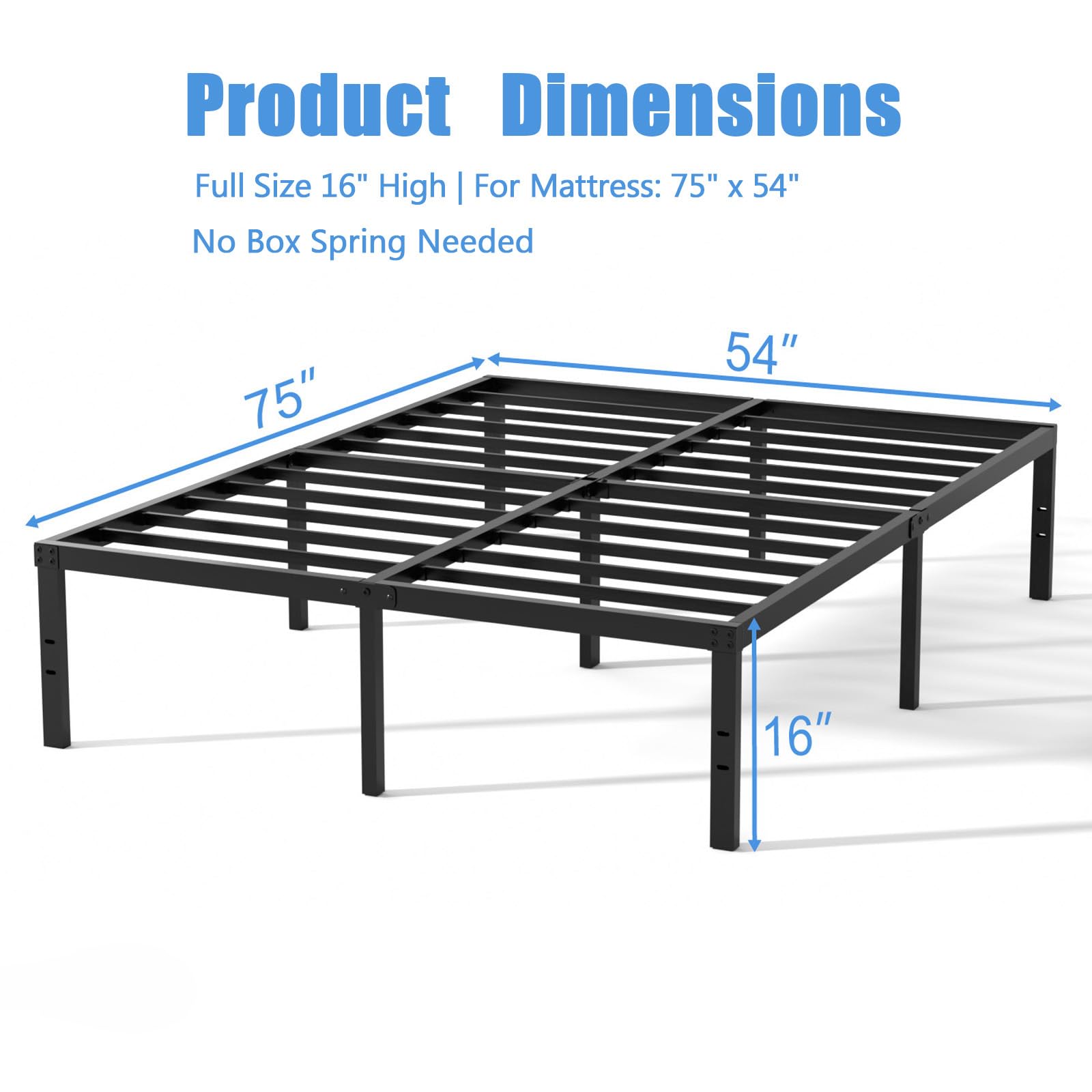 VENI HOME 16 Inch Full Bed Frame, Metal Platform Bed Frame with Steel Slats, Storage Space Under Frame, Easy to Assemble, No Box Spring Needed