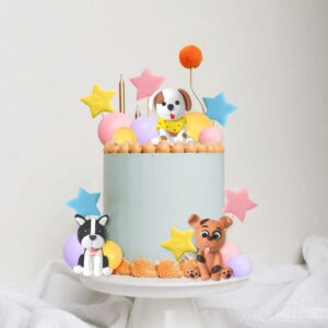 DRWATE Dog Cake Topper Clay Figurines Puppy Star Yellow Pink Purple Ball Cake Topper for Dog Theme Birthday Party Paw Cute Dog Pet Party Baby Shower Supplies (Style 01)