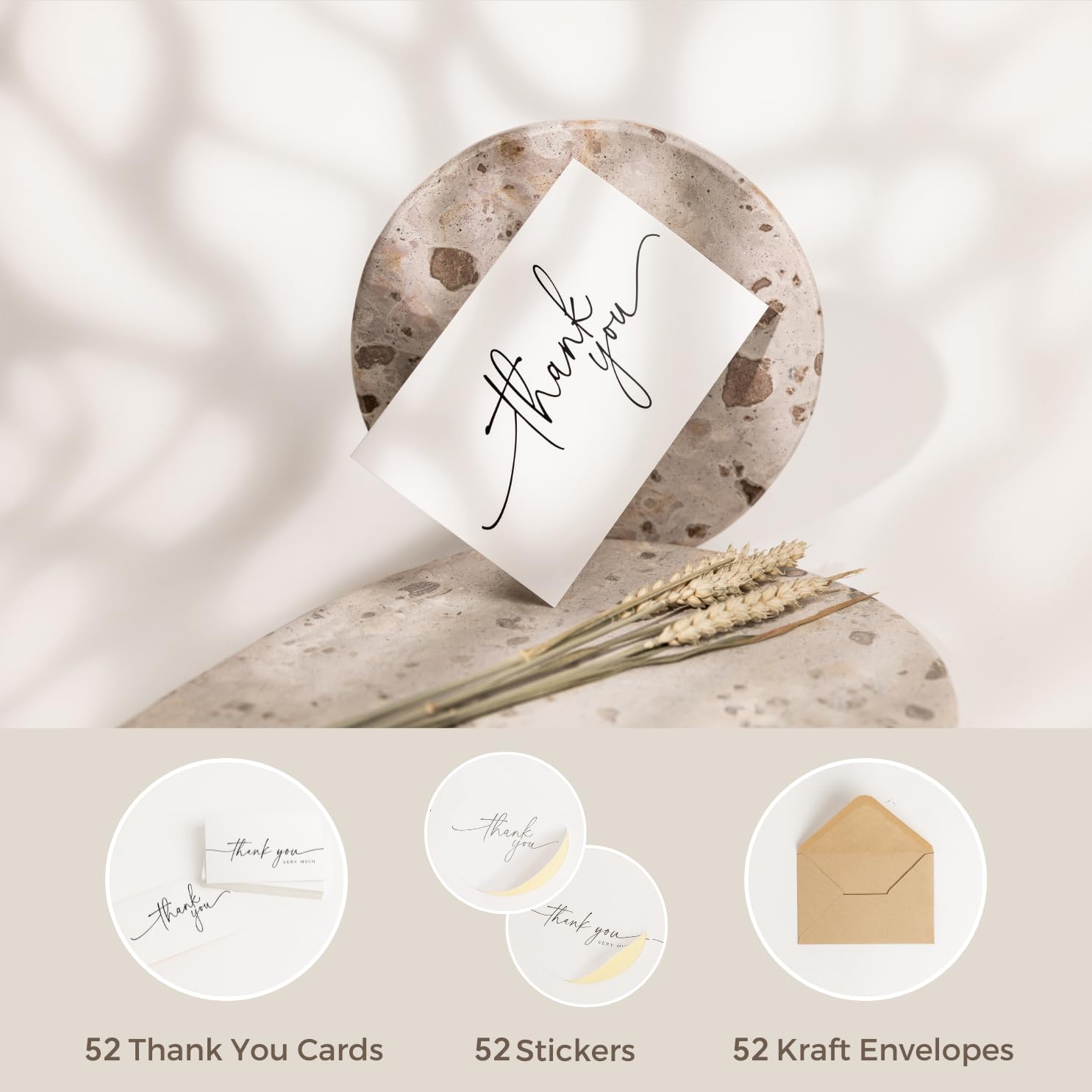 SPIRITDUST 52-pack Thank You Cards Bulk with Kraft Envelopes & Matching Stickers, 3.5x5 Inches, Minimalist Design | Perfect for Business, Weddings, Baby & Bridal Showers, Graduations & Funerals.