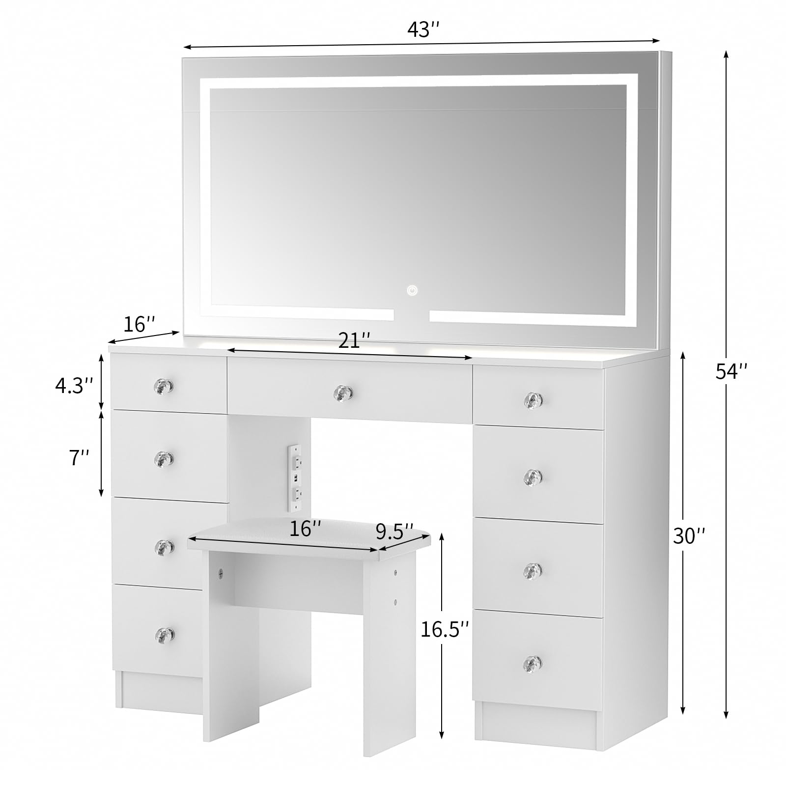 VOWNER Vanity with Lighted Mirror - Makeup Vanity Desk with Power Outlet and 9 Drawers, 3 Color Lighting Modes Adjustable Brightness, 43" Vanity Table with Soft Cushioned Stool for Bedroom, White