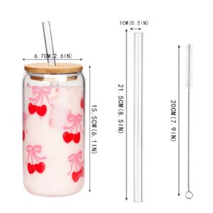 Mason Life Cherries Bows Glass Cups with Lids and Straws, 18OZ Cherry Decor Iced Coffee Cups with Lids, Cute Glass Cups for Women, Glass Tumbler Smoothie Cups, Reusable Cup Drinking Glass -Set of 2