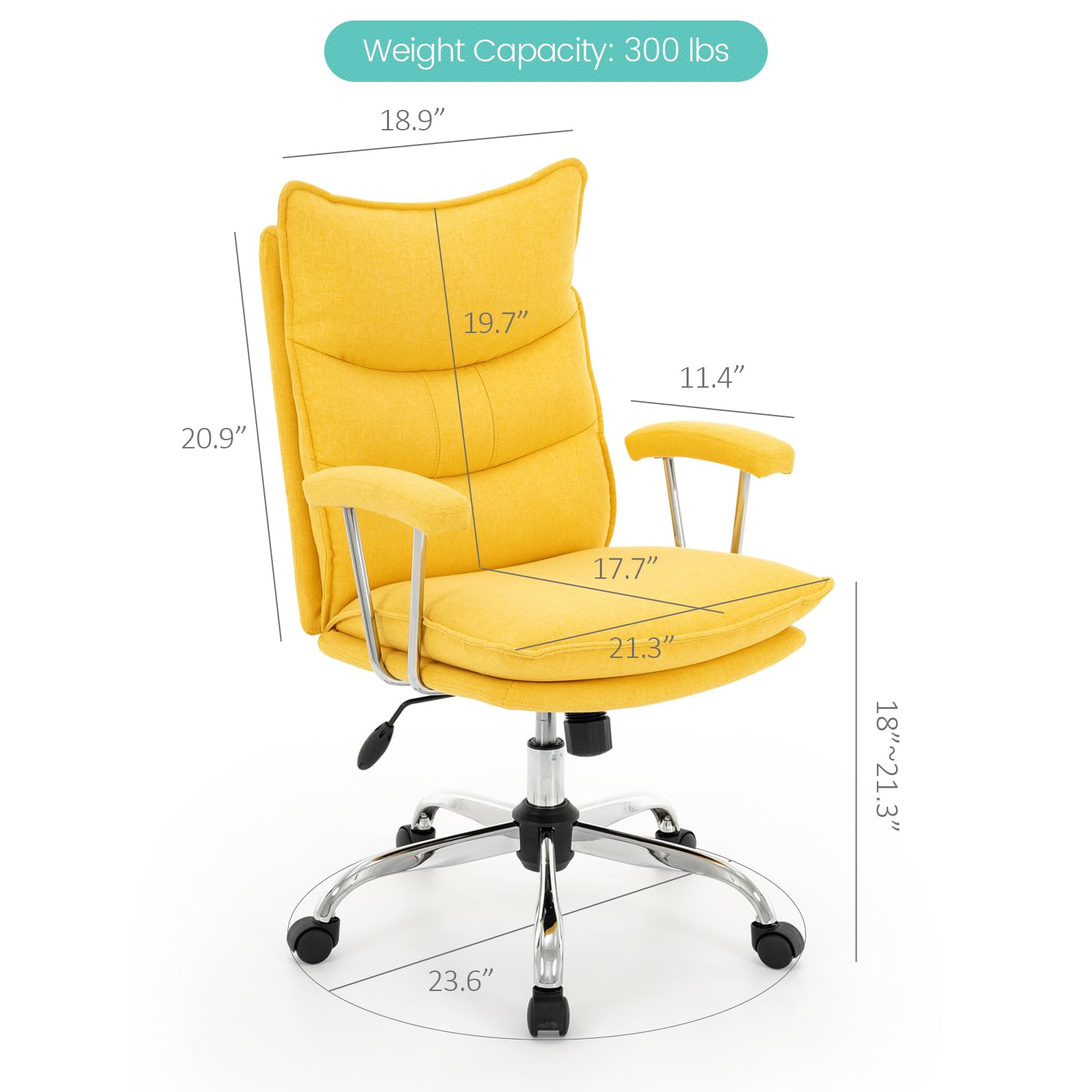 422 Soft Linen Office Chair with Padded Armrests, Premium Double Cushion, 360° Swivel High Back Ergonomic Computer Task Chair for Home Study&Meeting(Yellow)