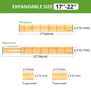 ANTOWIN 4 Pack Expandable Drawer Dividers, 2.2'' High, Extend from 17'' to 22'', Dresser Drawer Organizers, Bamboo Separators for Kitchen, Bedroom, Office, Bathroom, with 12 Pack Divider Inserts