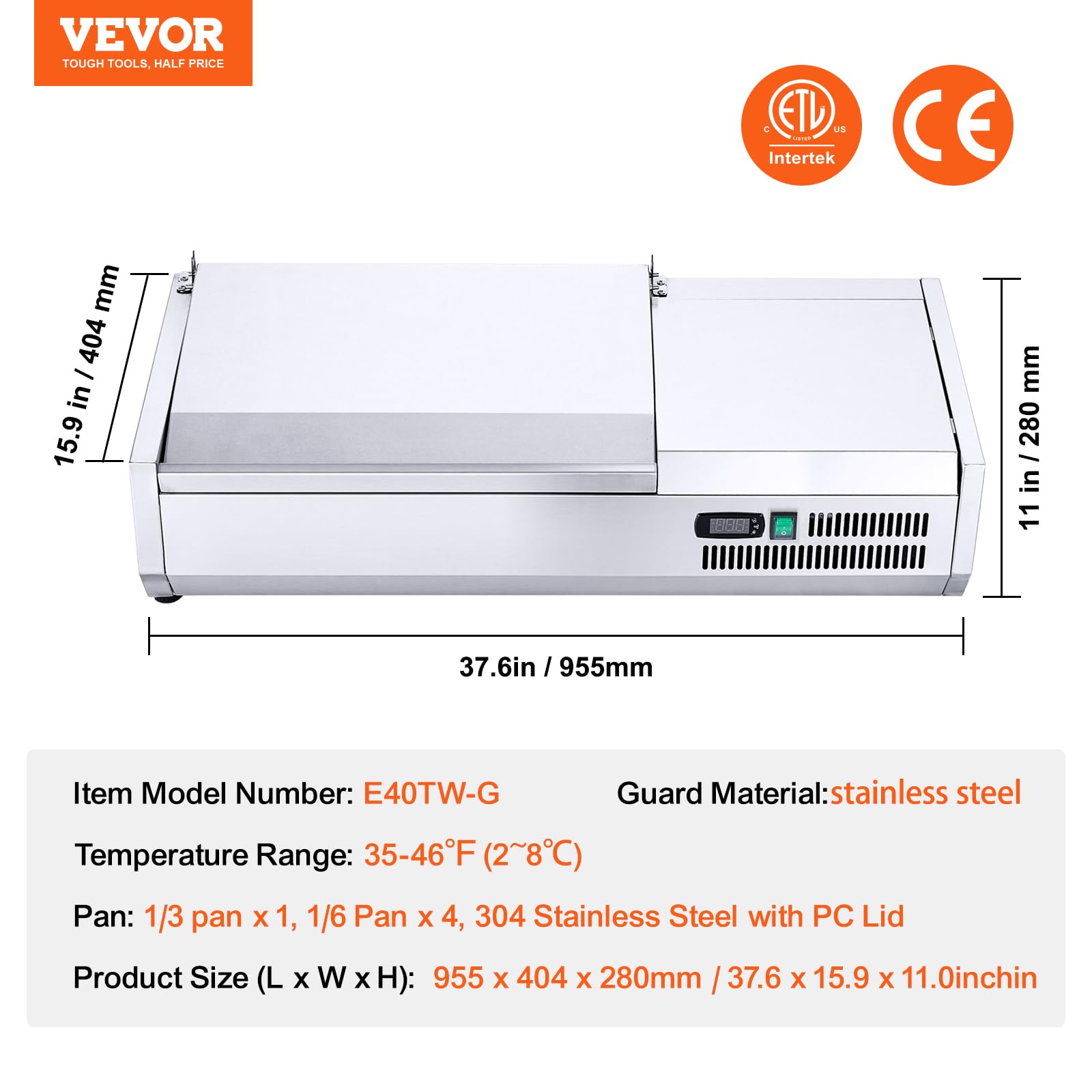 VEVOR, 130 W Countertop Refrigerated Condiment Station, with 1 1/3 4 1/6 Pans, 304 Body and PC Lid, Sandwich Prep Table Guard, ETL, Stainless 40in, Silver